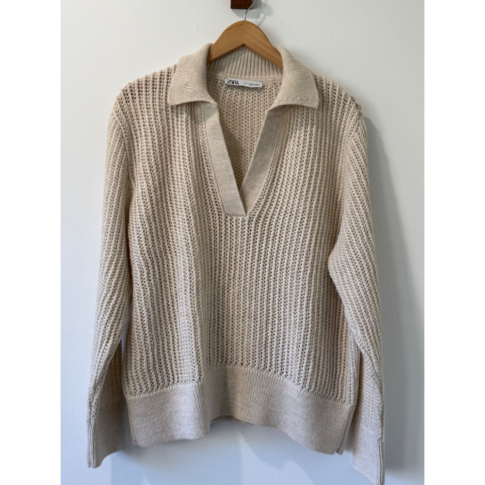 Zara Sweater V Neck Polo Collar Beige Open Knit Oversized Large L Cream Pullover
